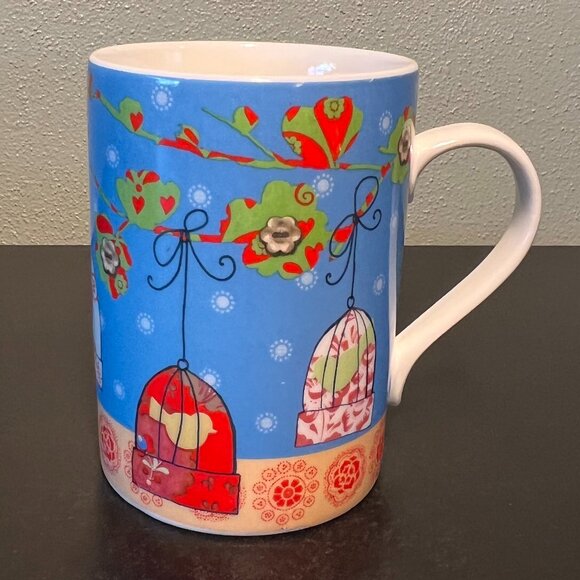 PORTMEIRION STUDIO Fine China Mug w/ Whimsical Applique Art  ~  Birdcages - Picture 1 of 10